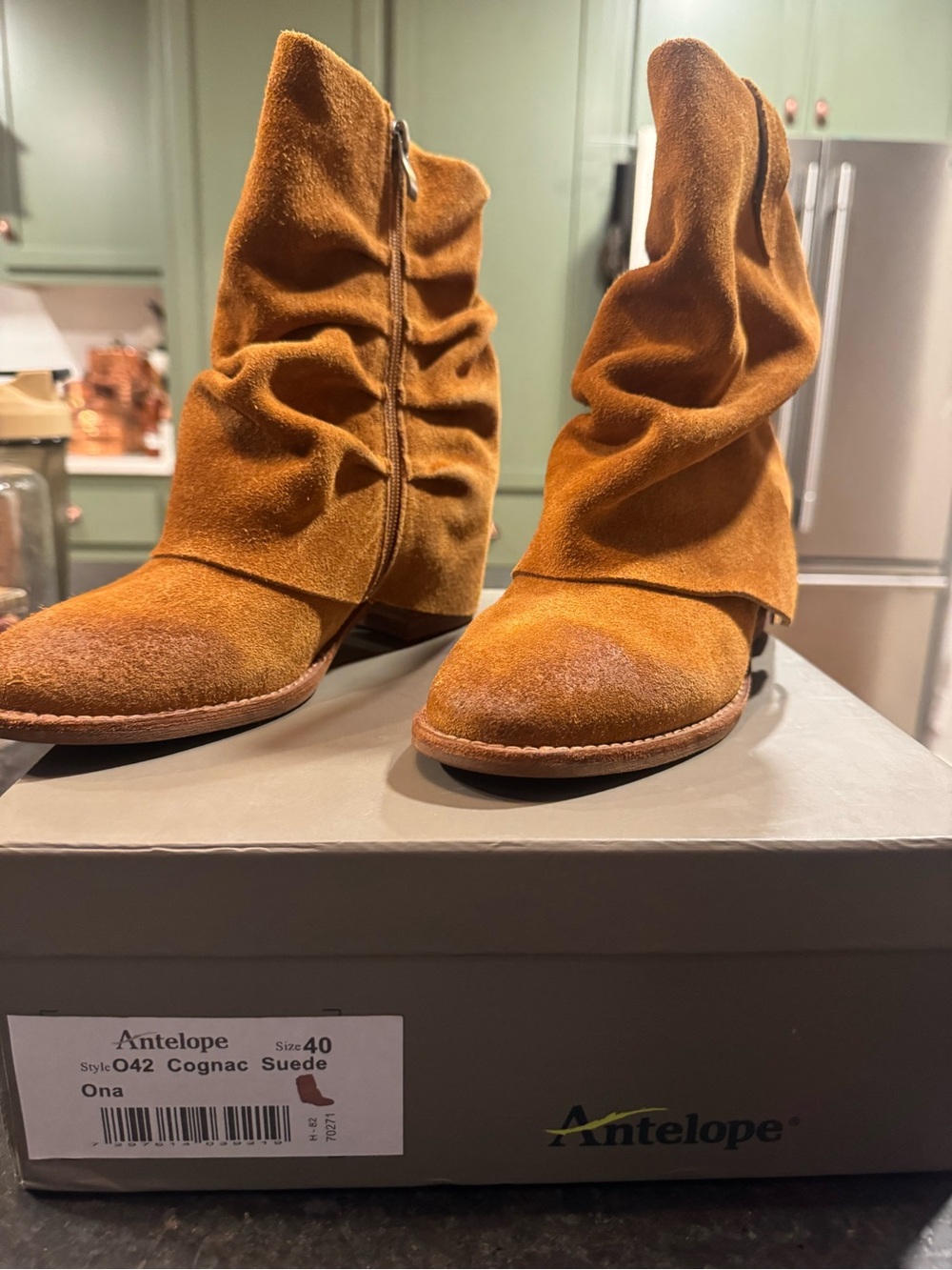 Antelope Cognac Suede Ruching Ankle Boots